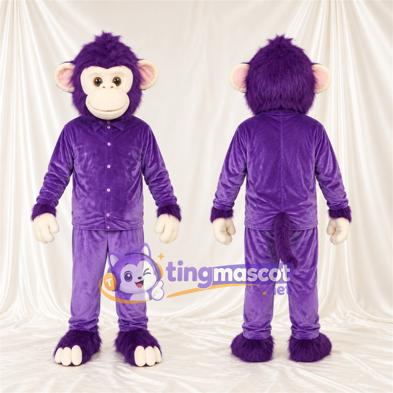 Maskottchenkostüm Affe – violett – Gesicht (creme); Zehen (weiß) Maskottchenkostüm Affe – violett – Gesicht (creme); Zehen (weiß)