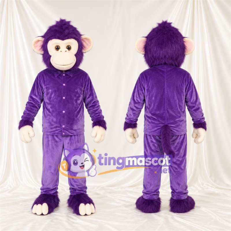 Maskottchenkostüm Affe – violett – Gesicht (creme); Zehen (weiß)