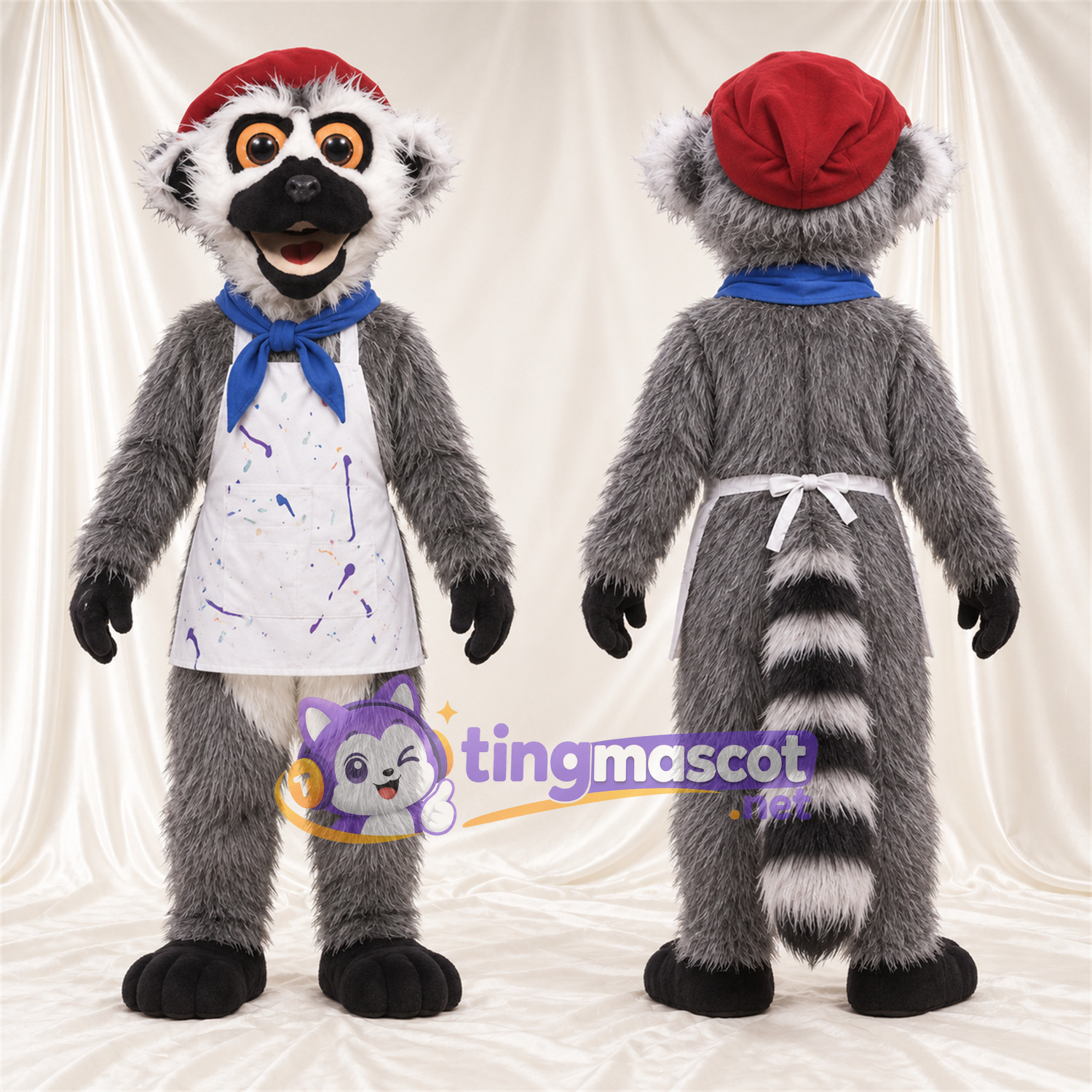 Costume de mascotte Lémurien – gris – Tablier (blanc); Écharpe (bleu) Costume de mascotte Lémurien – gris – Tablier (blanc); Écharpe (bleu)