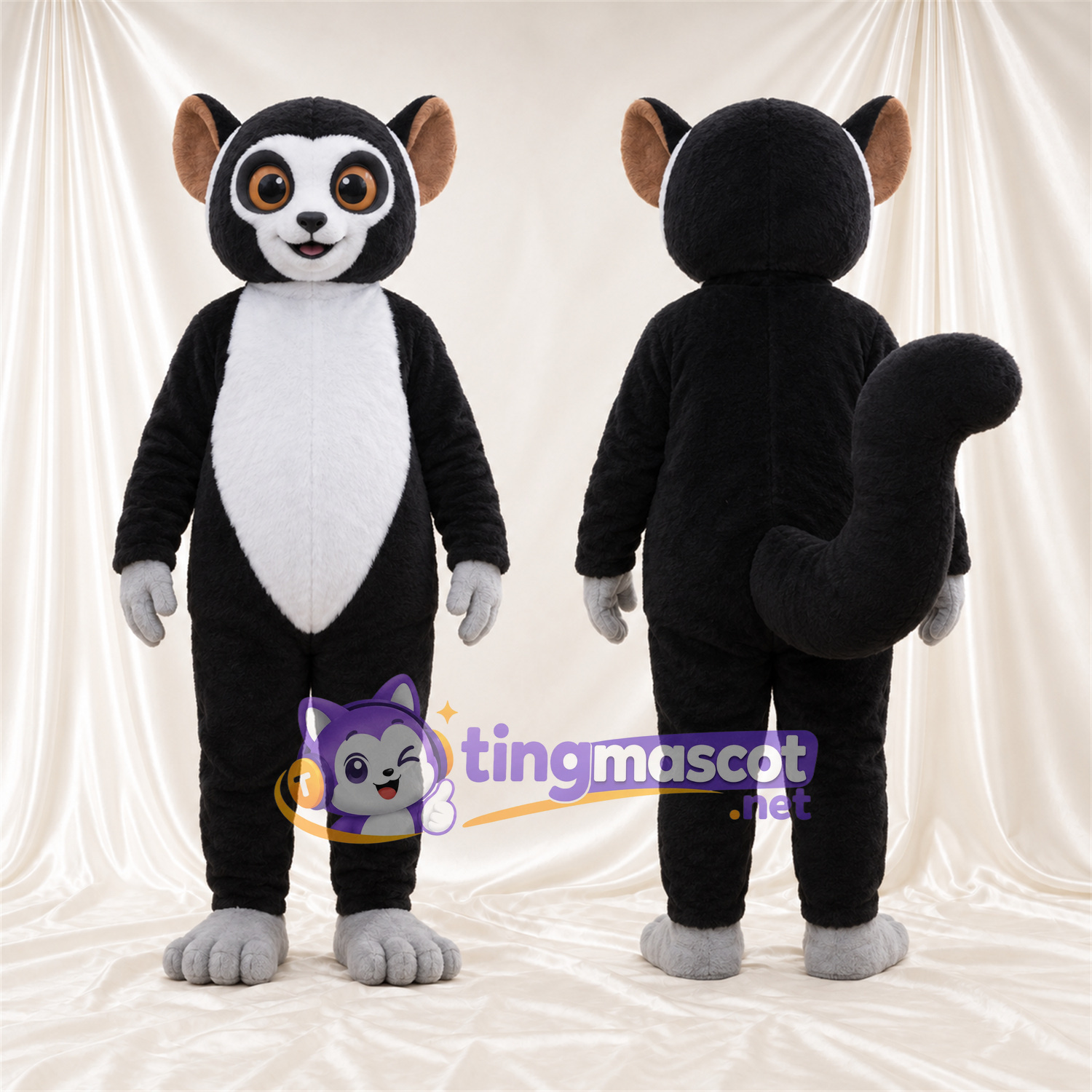 Black and White Lemur Mascot Costume - White Belly and Gray Hands and Feet Black and White Lemur Mascot Costume - White Belly and Gray Hands and Feet