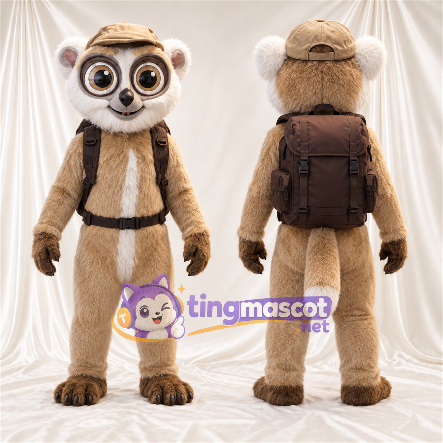 Costume de mascotte Lémurien – brun clair – Chapeau; Sac à dos Costume de mascotte Lémurien – brun clair – Chapeau; Sac à dos
