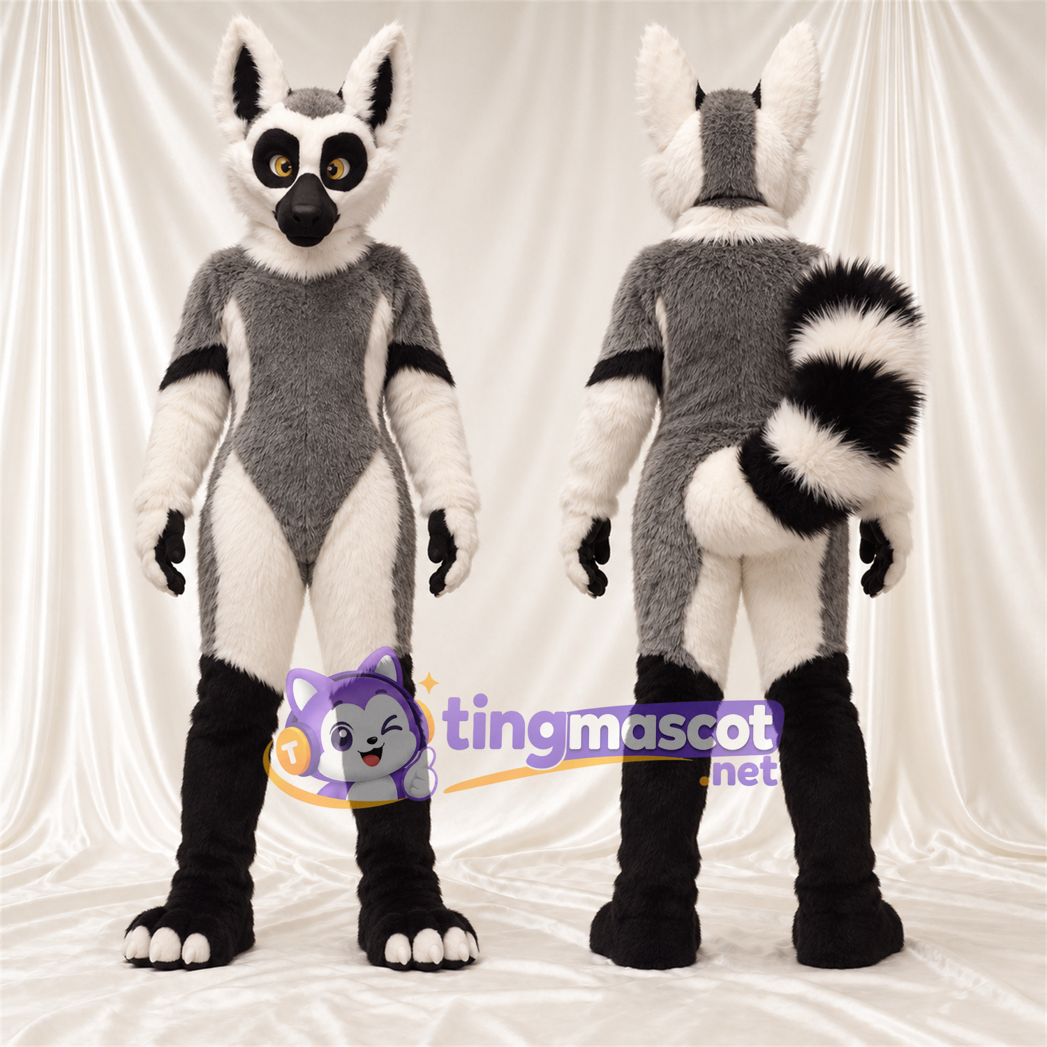 Costume de mascotte Lémurien – gris / blanc – Bottes (noir); Bas des jambes (blanc) Costume de mascotte Lémurien – gris / blanc – Bottes (noir); Bas des jambes (blanc)