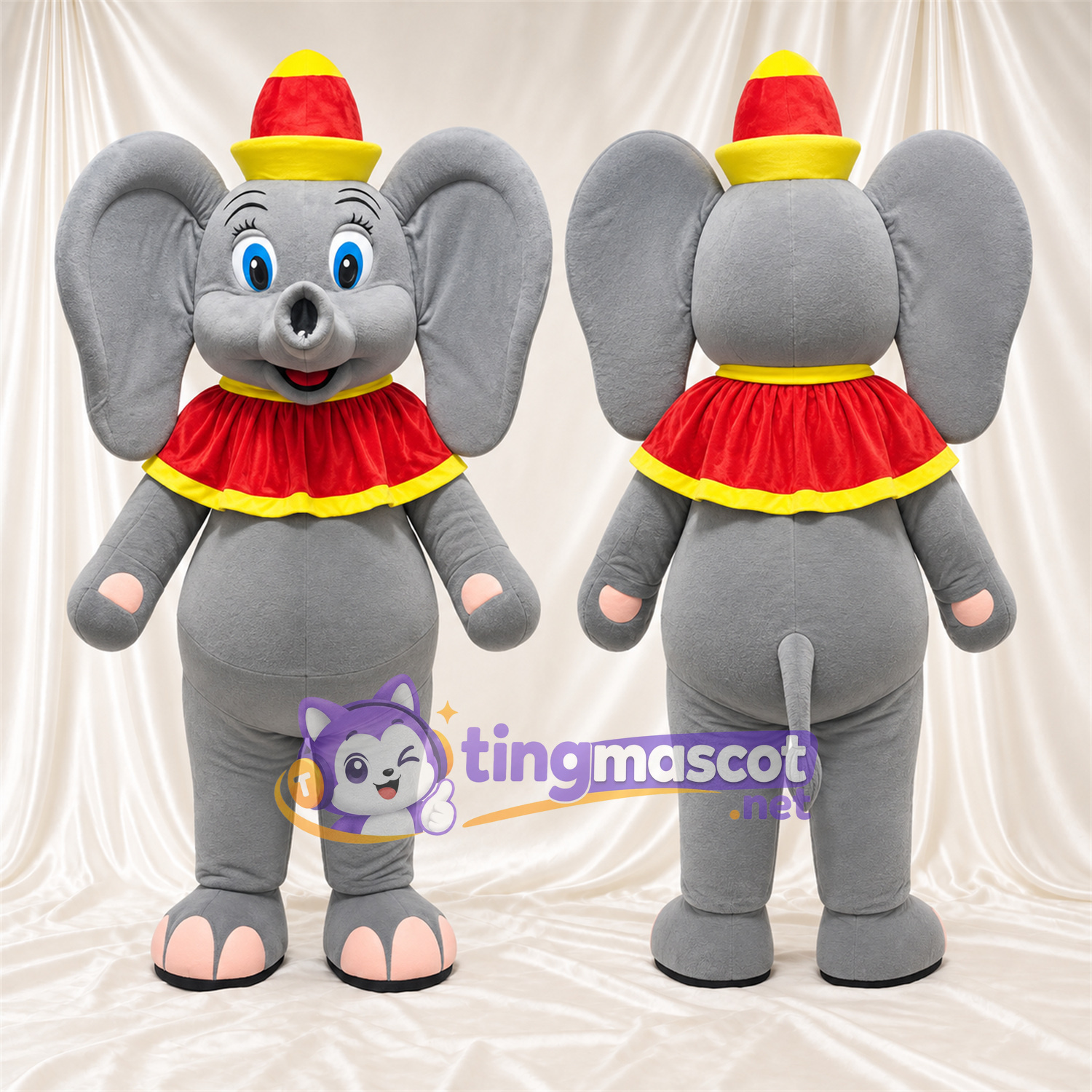 Costume de mascotte Éléphant – gris – Chapeau (rouge / jaune); Col Costume de mascotte Éléphant – gris – Chapeau (rouge / jaune); Col