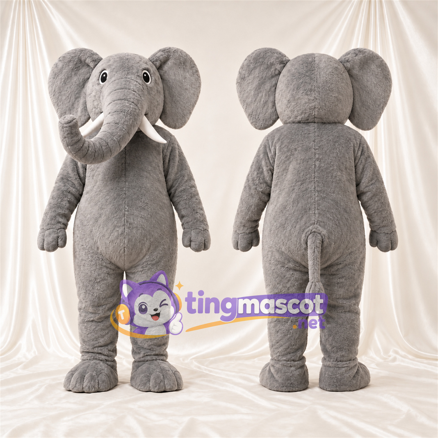 Gray Elephant Mascot Costume - Curled Trunk and White Tusks Gray Elephant Mascot Costume - Curled Trunk and White Tusks