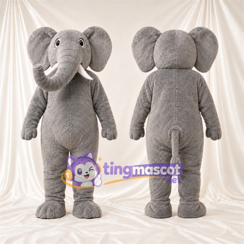 Gray Elephant Mascot Costume - Curled Trunk and White Tusks