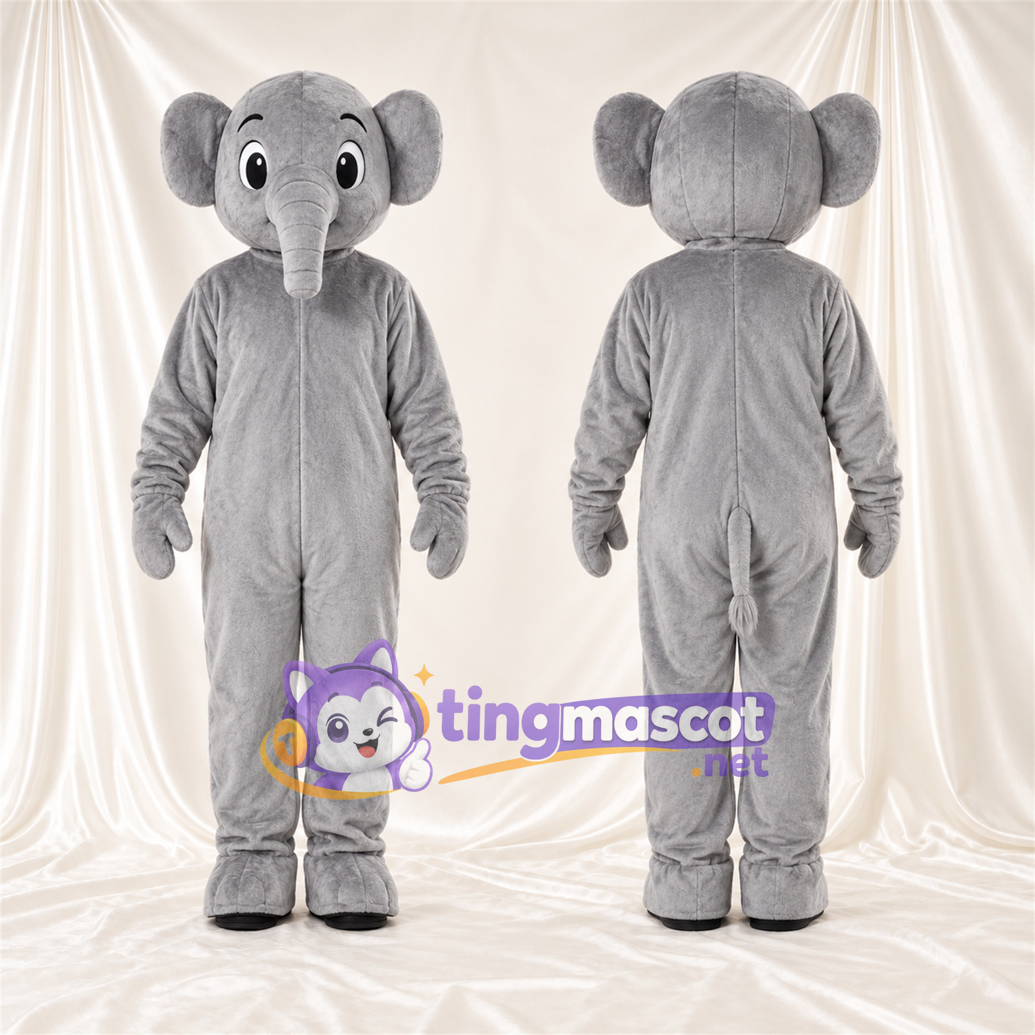 Costume de mascotte Éléphant – gris – Petites oreilles rondes; Petite trompe Costume de mascotte Éléphant – gris – Petites oreilles rondes; Petite trompe