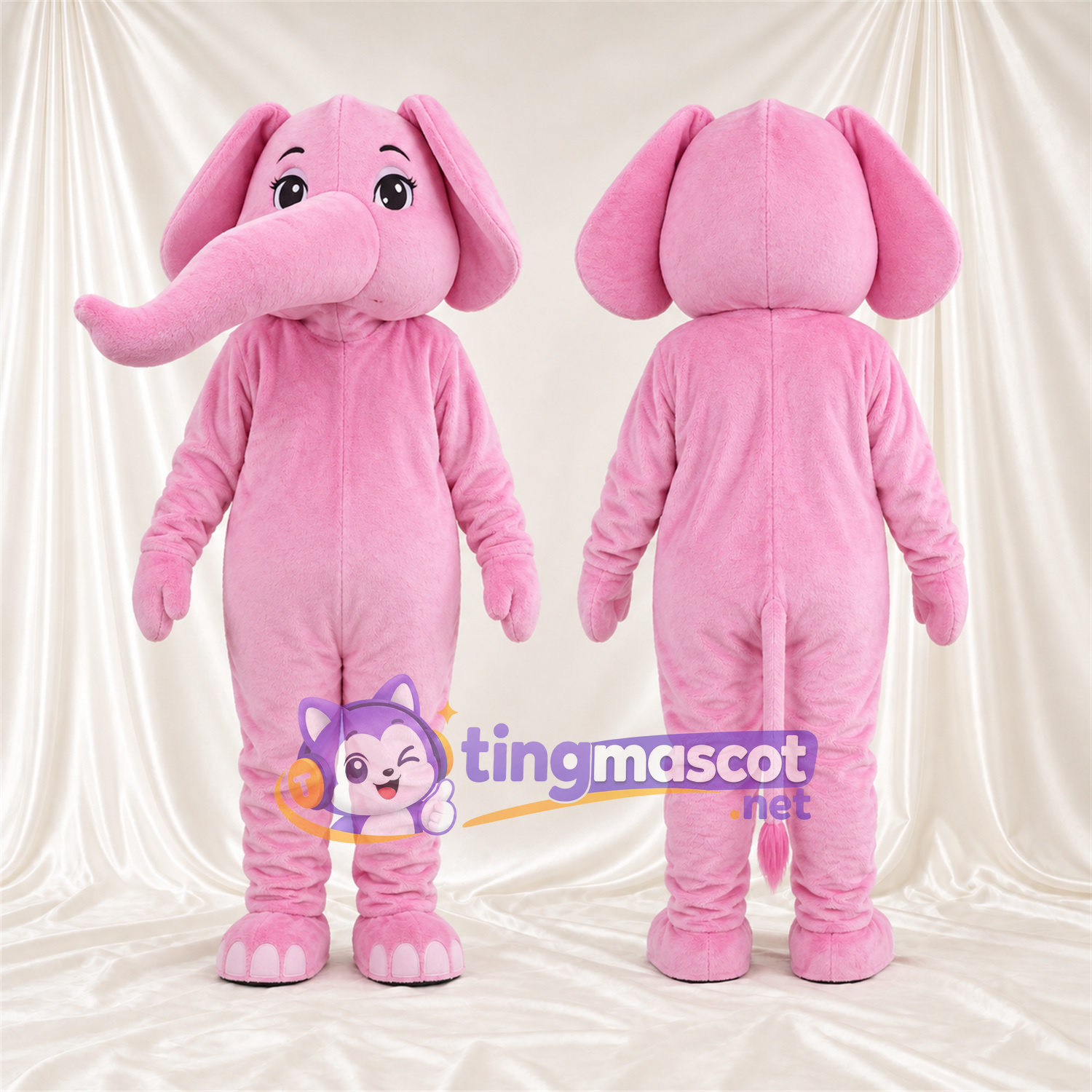 Pink Elephant Mascot Costume - Raised Trunk and White Toes Pink Elephant Mascot Costume - Raised Trunk and White Toes