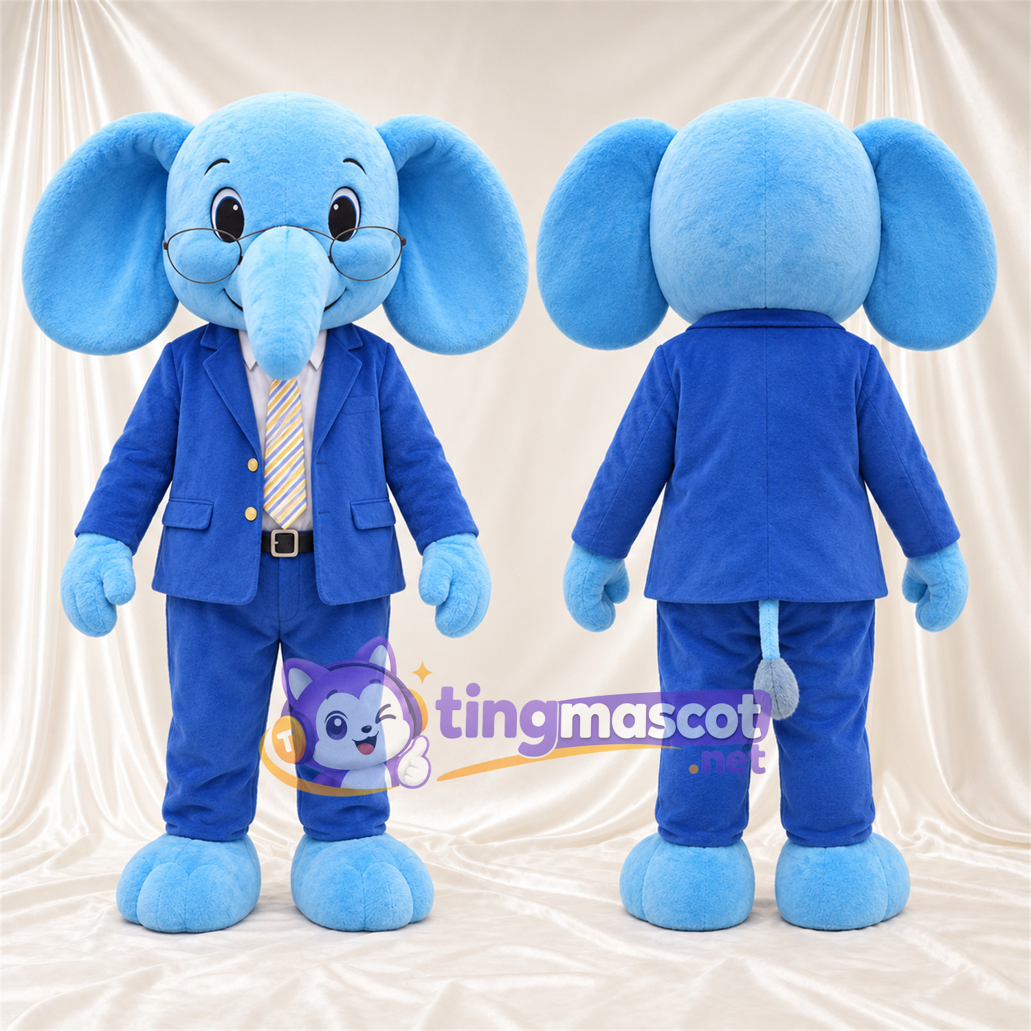 Blue Elephant Mascot Costume - Blue Suit and Yellow Tie Blue Elephant Mascot Costume - Blue Suit and Yellow Tie