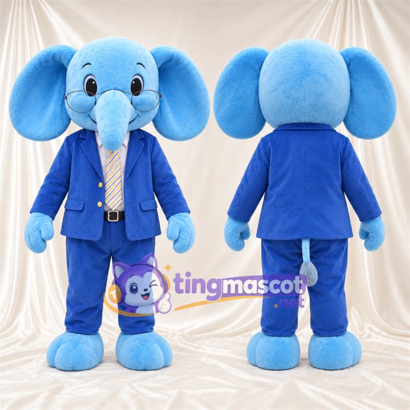 Blue Elephant Mascot Costume - Blue Suit and Yellow Tie