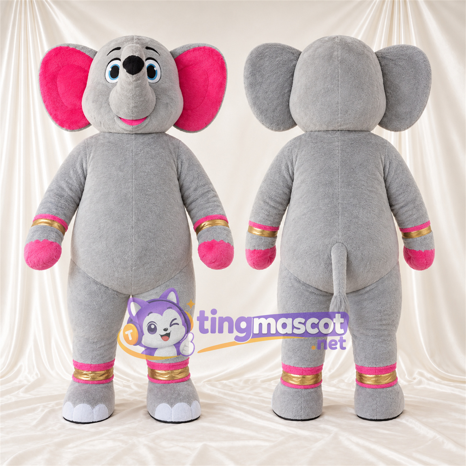Maskottchenkostüm Elefant – grau – Hände (rosa); Manschetten (rosa / goldfarben) Maskottchenkostüm Elefant – grau – Hände (rosa); Manschetten (rosa / goldfarben)