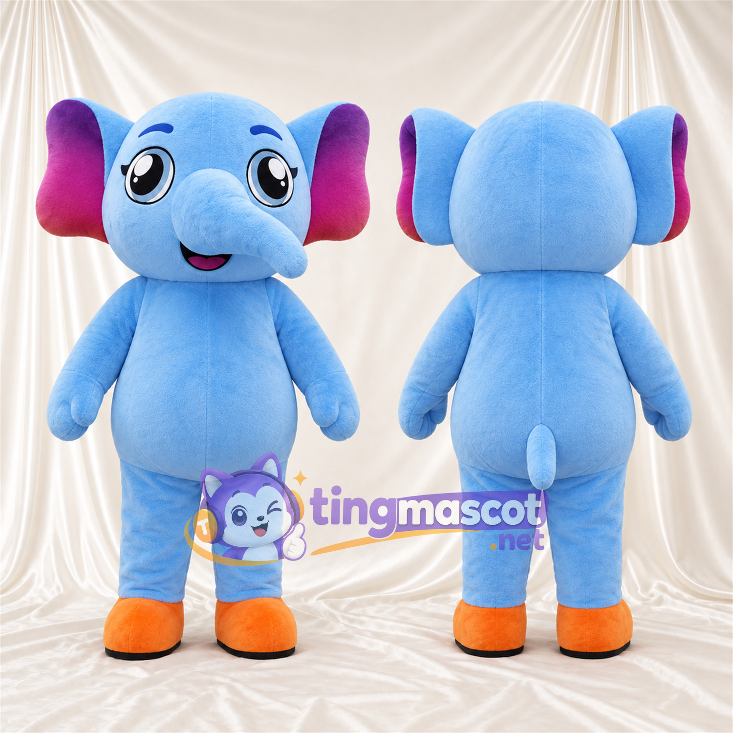 Maskottchenkostüm Elefant – blau – Ohreninnenseiten (violett); Füße (orange) Maskottchenkostüm Elefant – blau – Ohreninnenseiten (violett); Füße (orange)