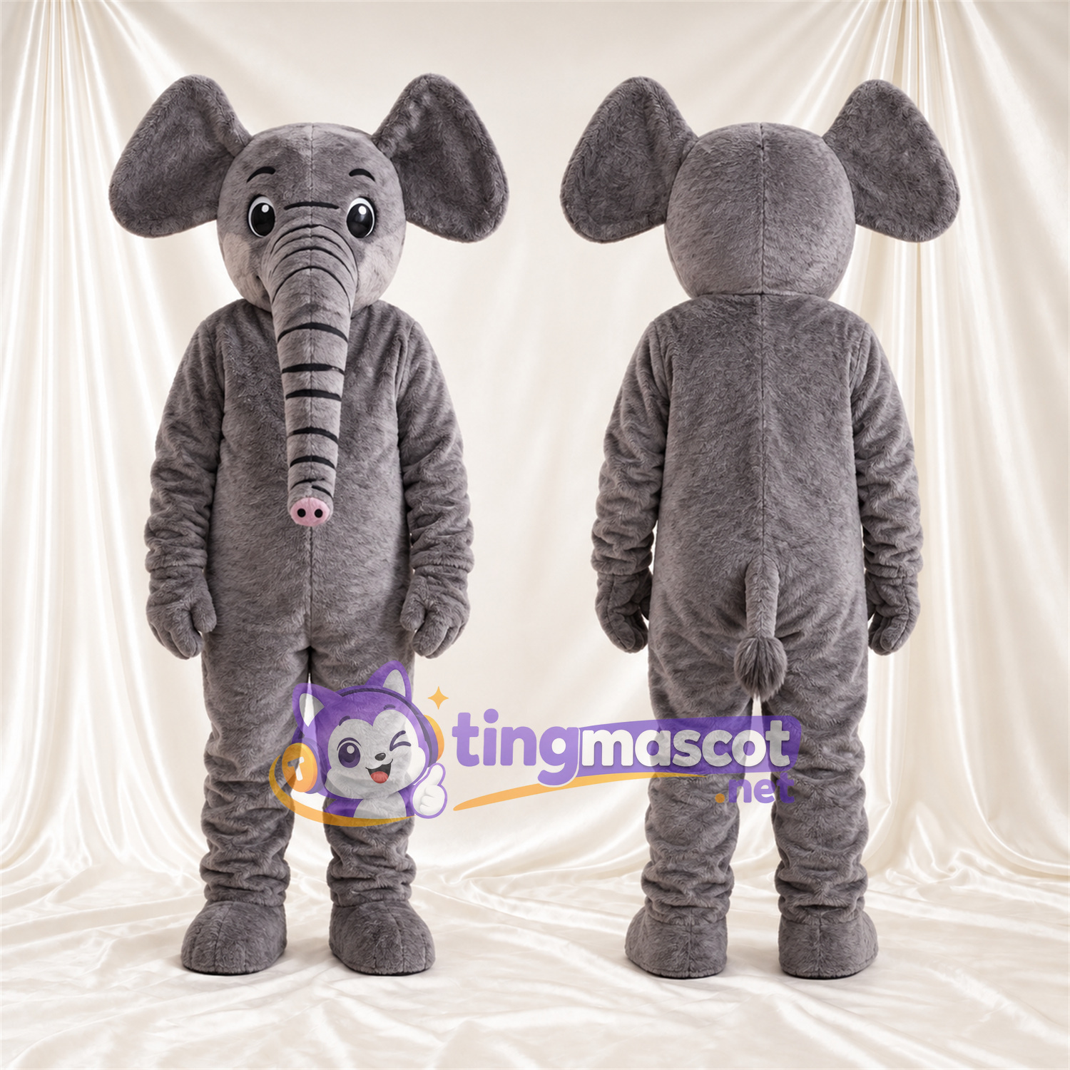 Gray Elephant Mascot Costume - Long Trunk and Pink Trunk Tip Gray Elephant Mascot Costume - Long Trunk and Pink Trunk Tip