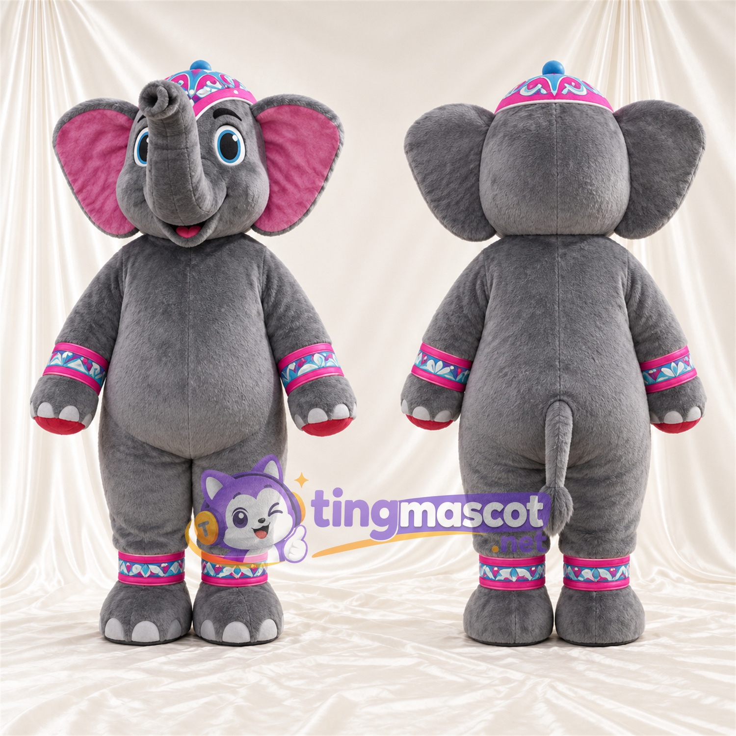 Costume de mascotte Éléphant – gris – Couronne (rose) Costume de mascotte Éléphant – gris – Couronne (rose)