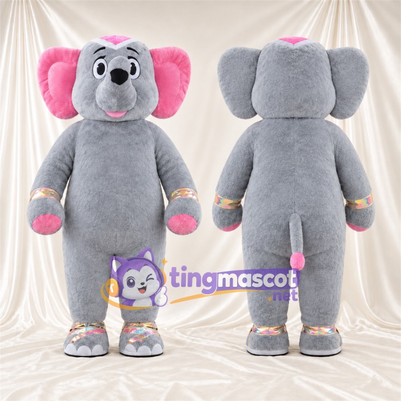 Maskottchenkostüm Elefant – grau – Hände (rosa); Manschetten (rosa / goldfarben)