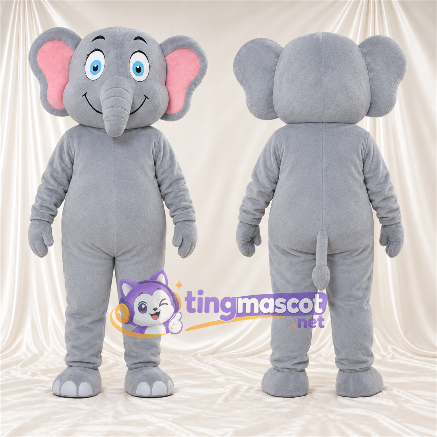 Maskottchenkostüm Elefant – grau – Ohreninnenseiten (rosa); Augen (blau) Maskottchenkostüm Elefant – grau – Ohreninnenseiten (rosa); Augen (blau)