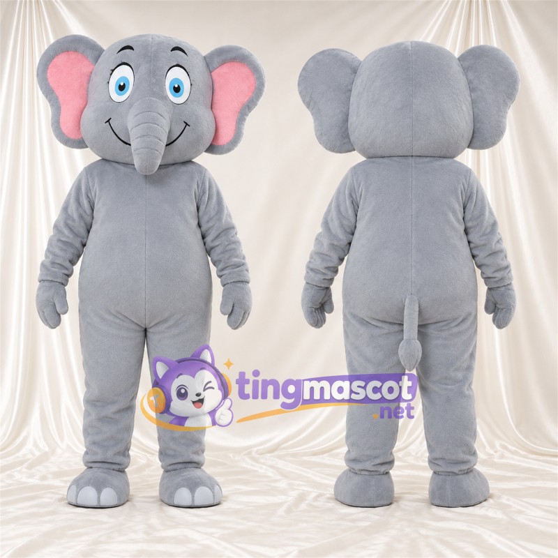Maskottchenkostüm Elefant – grau – Ohreninnenseiten (rosa); Augen (blau)