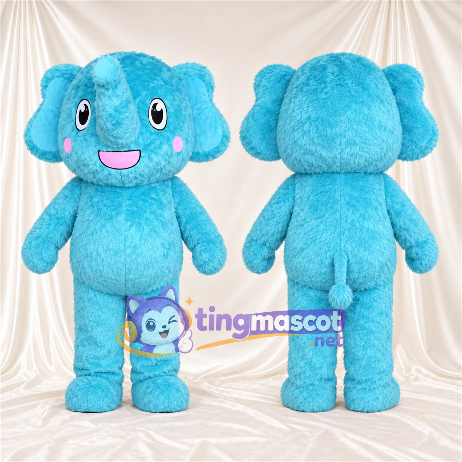 Blue Elephant Mascot Costume - Pink Cheeks and Raised Trunk Blue Elephant Mascot Costume - Pink Cheeks and Raised Trunk