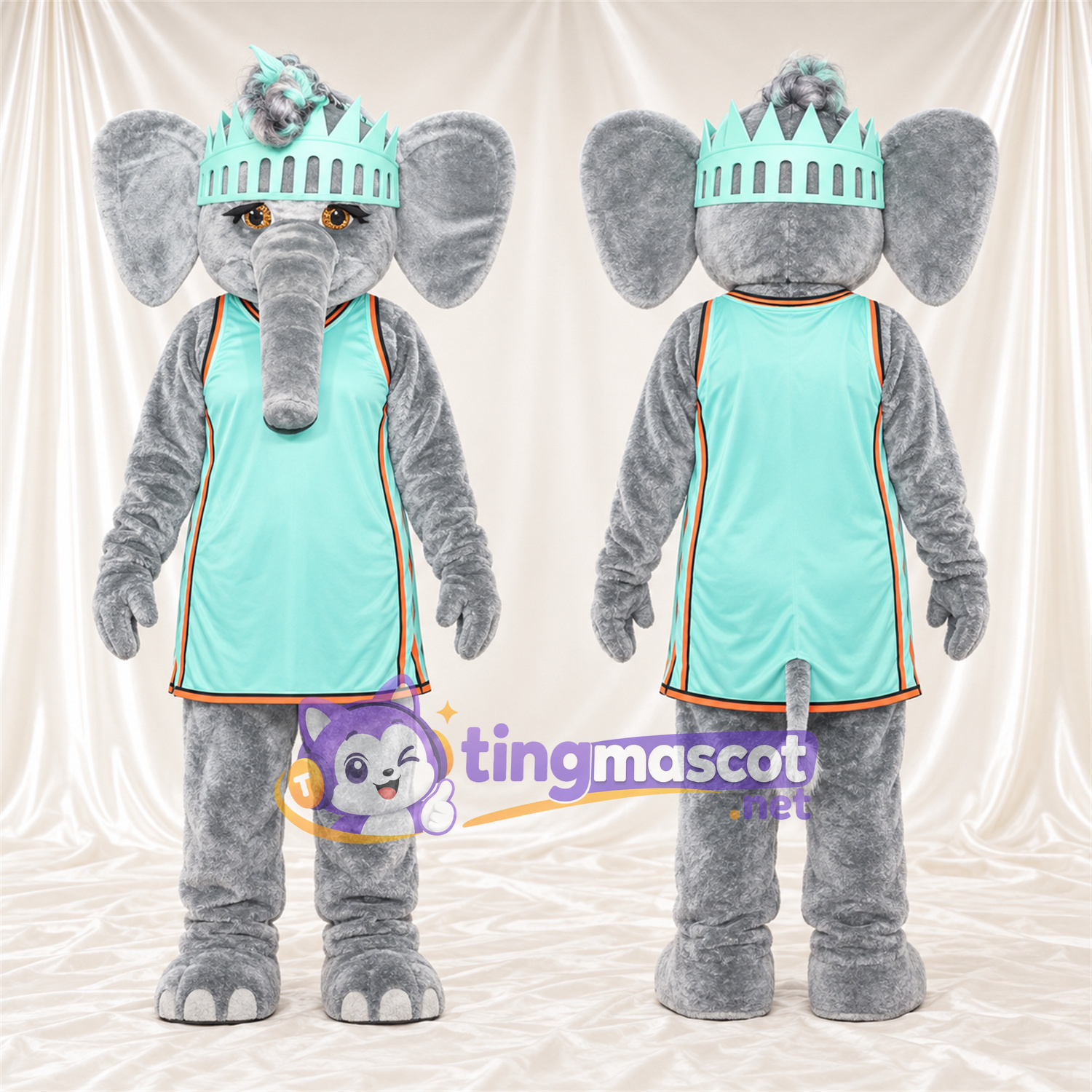 Costume de mascotte Éléphant – gris – Couronne (turquoise); Robe Costume de mascotte Éléphant – gris – Couronne (turquoise); Robe