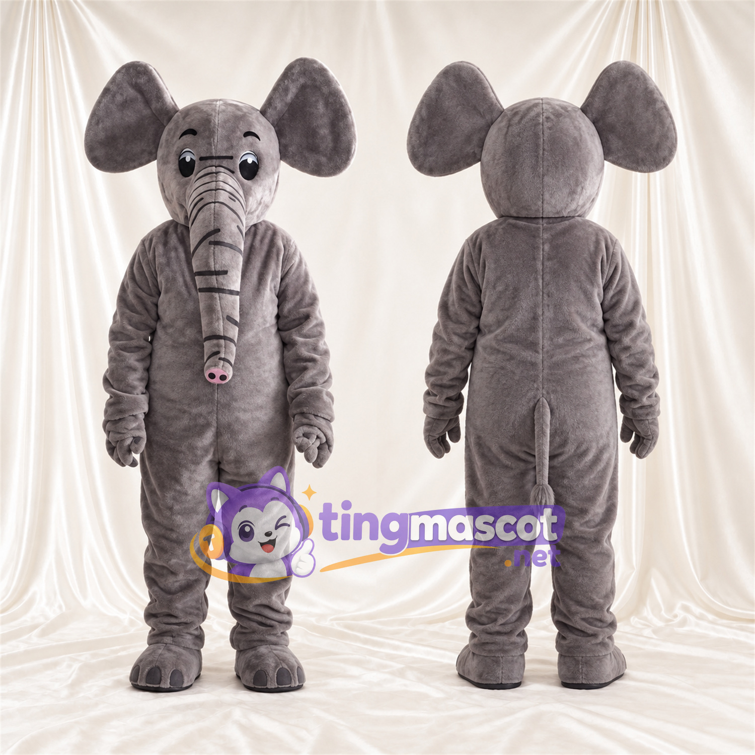 Gray Elephant Mascot Costume - Long Trunk and Pink Trunk Tip Gray Elephant Mascot Costume - Long Trunk and Pink Trunk Tip