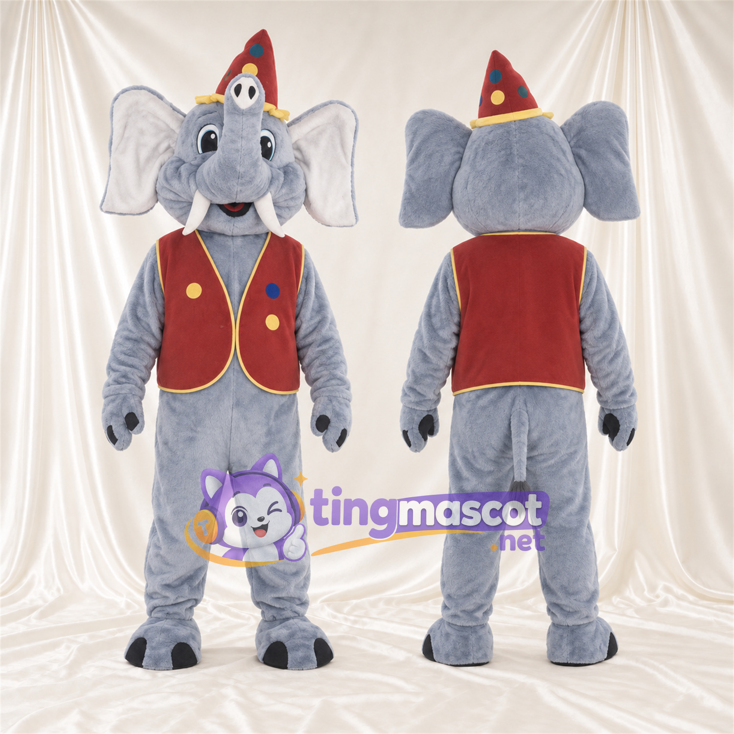 Costume de mascotte Éléphant – gris – Chapeau (rouge); Gilet Costume de mascotte Éléphant – gris – Chapeau (rouge); Gilet