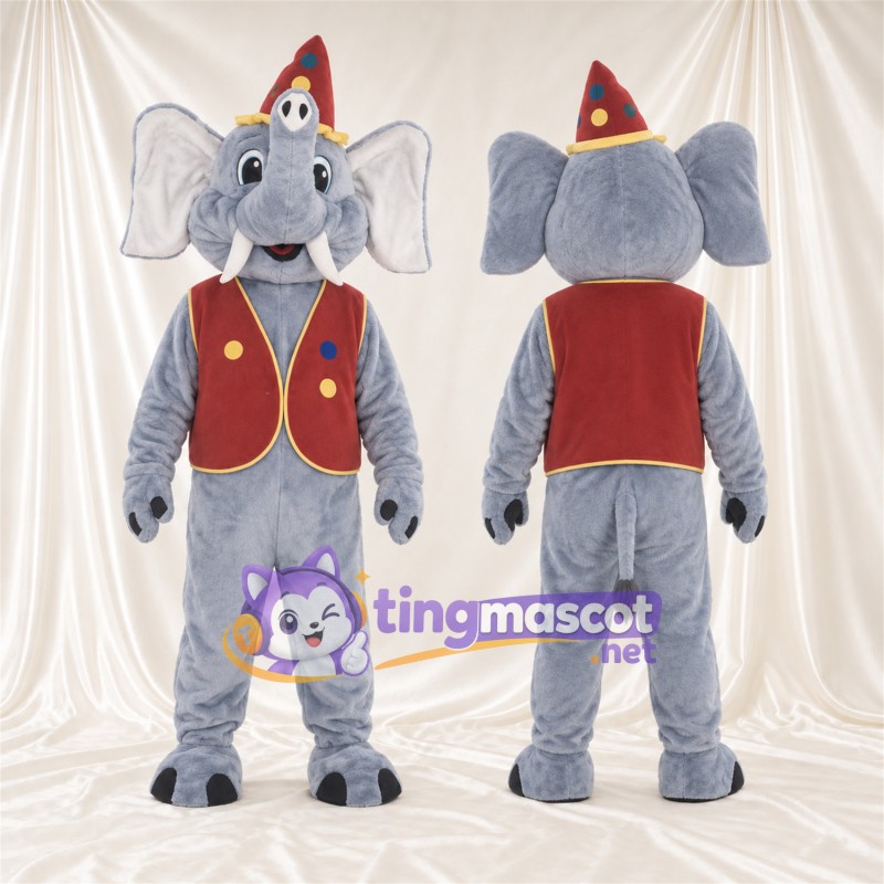 Costume de mascotte Éléphant – gris – Chapeau (rouge); Gilet