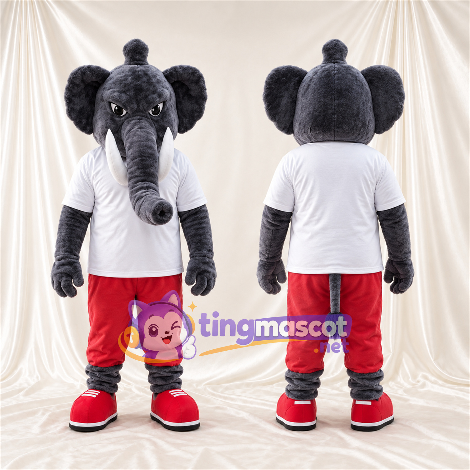 Costume de mascotte Éléphant – gris – Chemise (blanc); Pantalon (rouge) Costume de mascotte Éléphant – gris – Chemise (blanc); Pantalon (rouge)