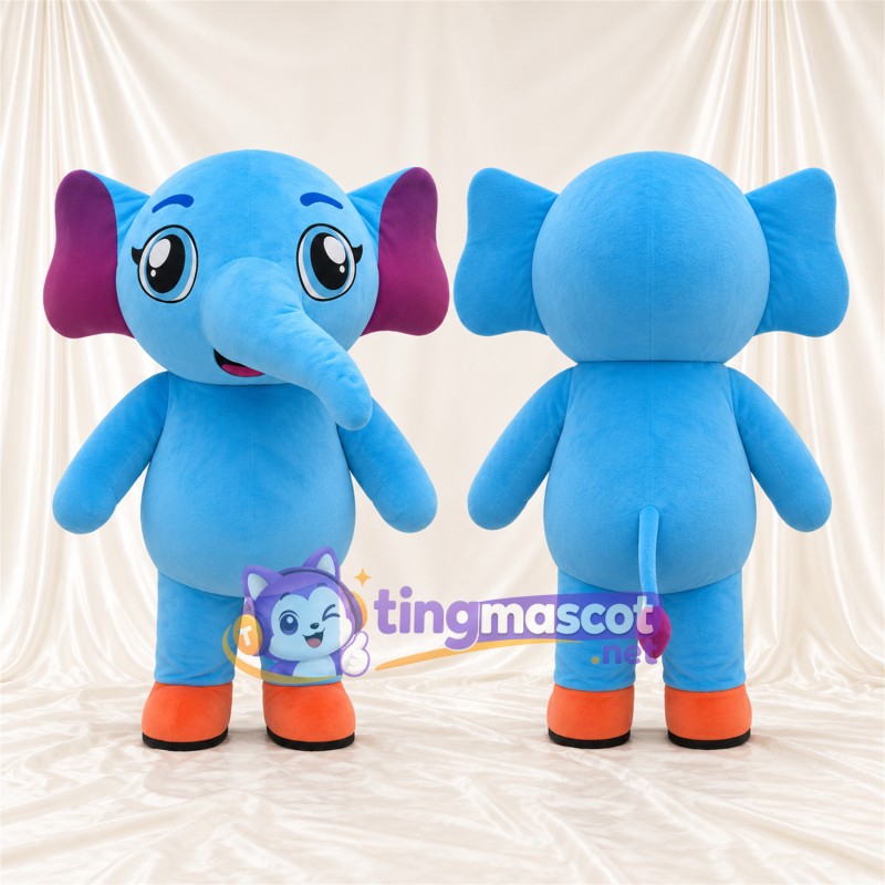Maskottchenkostüm Elefant – blau – Ohreninnenseiten (violett); Füße (orange)