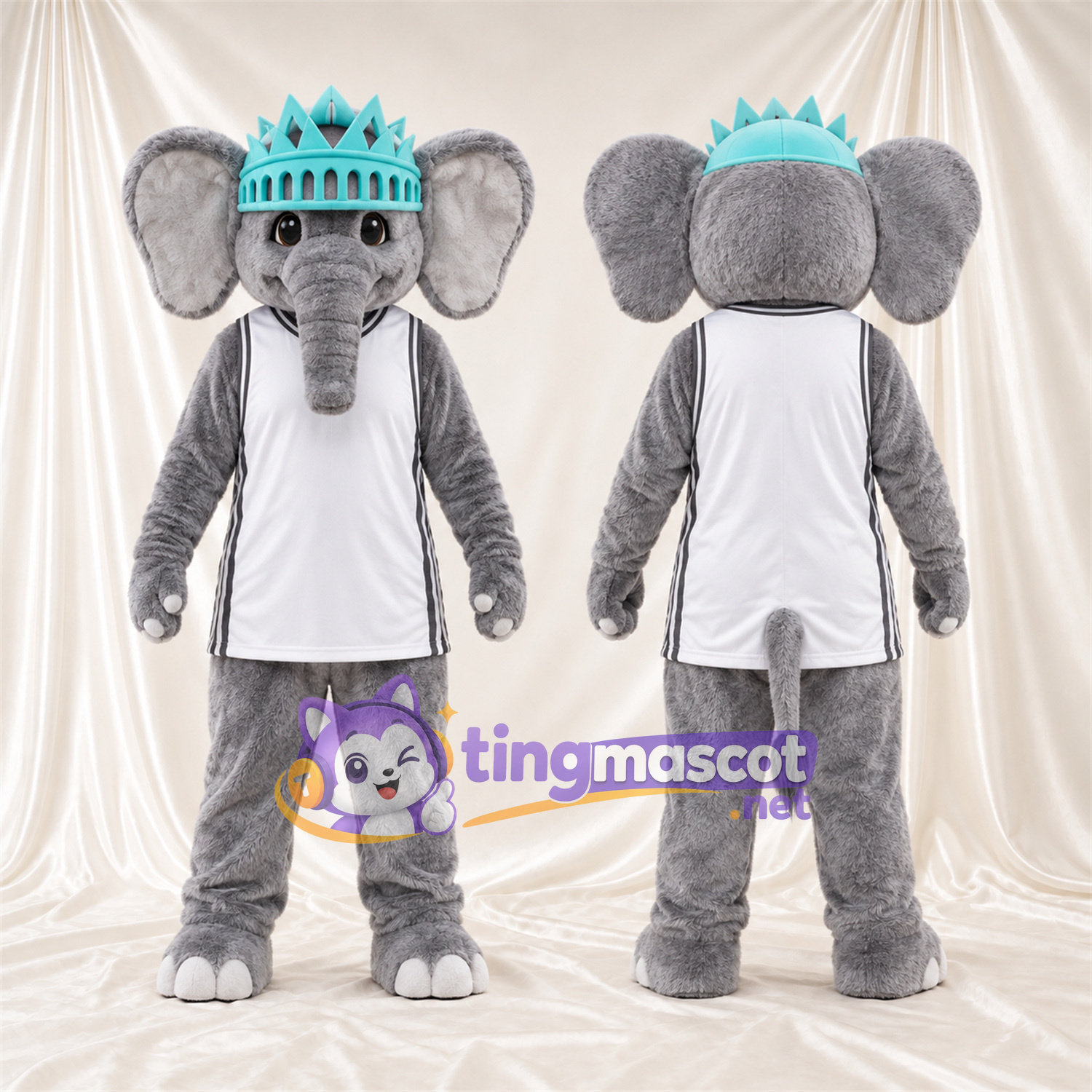 Costume de mascotte Éléphant – gris – Couronne (turquoise); Chemise (blanc) Costume de mascotte Éléphant – gris – Couronne (turquoise); Chemise (blanc)