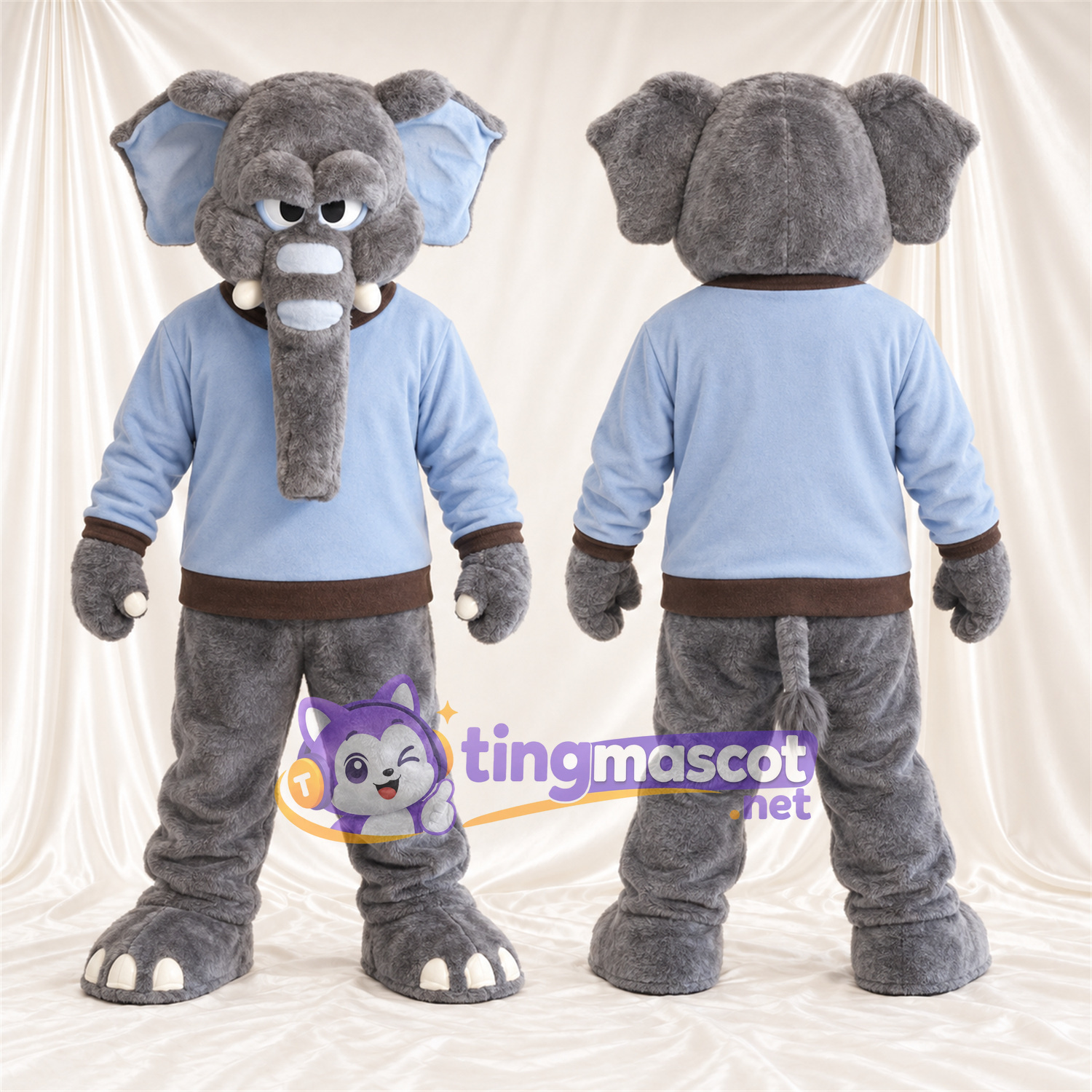 Maskottchenkostüm Elefant – grau – Pullover (blau) Maskottchenkostüm Elefant – grau – Pullover (blau)