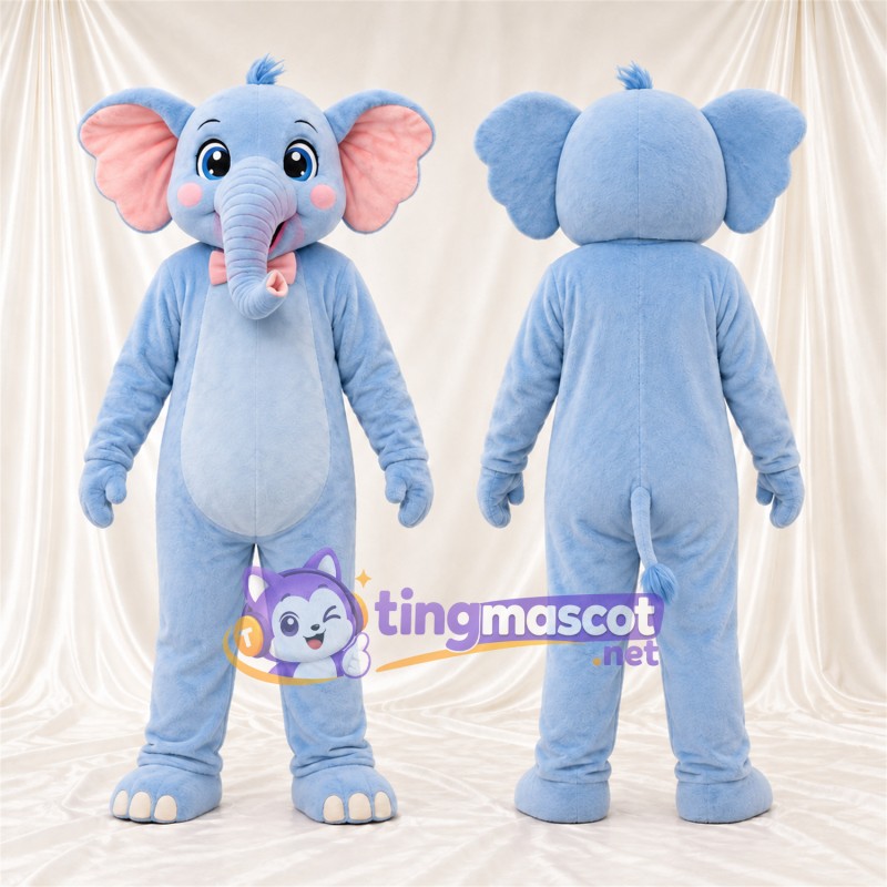 Blue Elephant Mascot Costume - Head Tuft and Red Bow