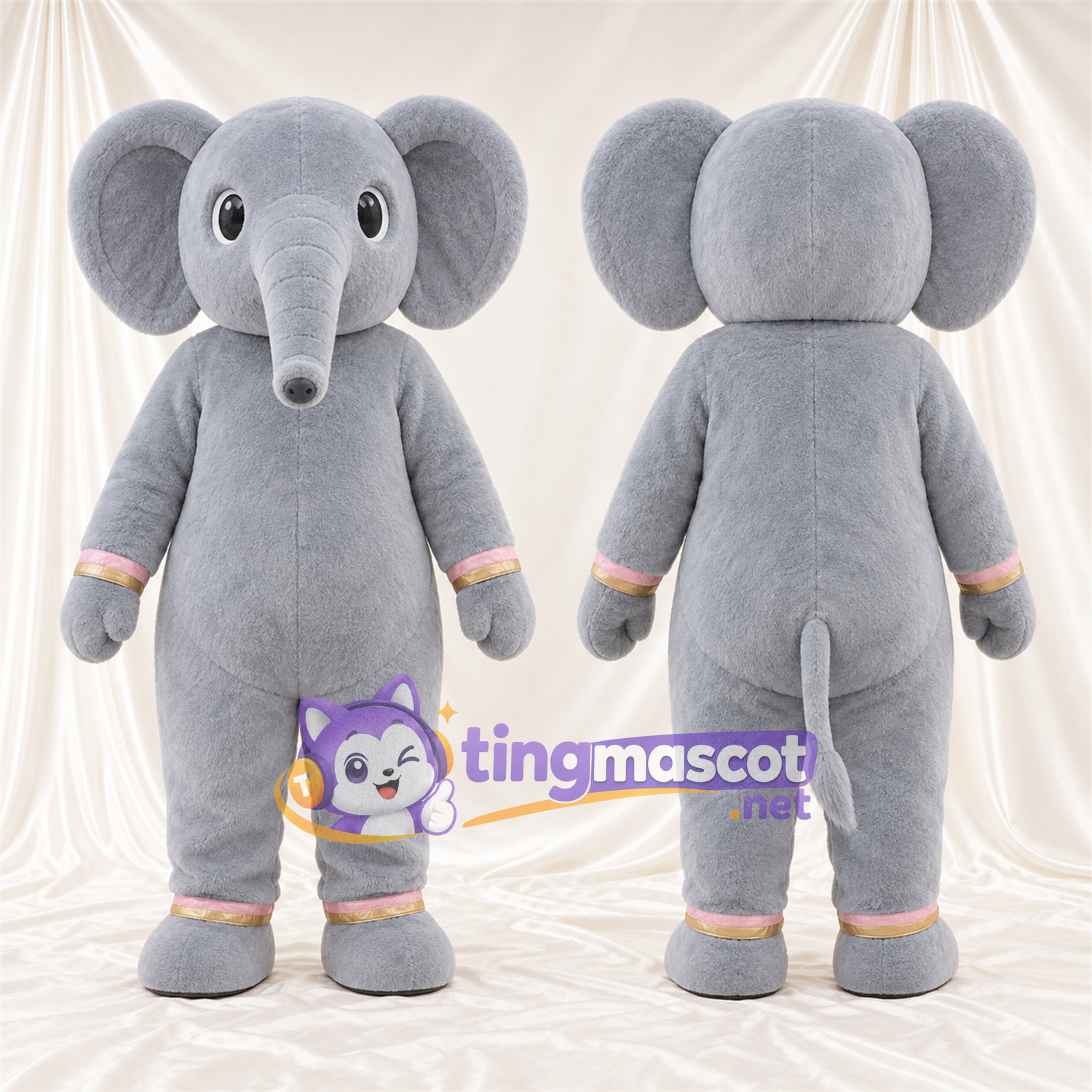 Gray Elephant Mascot Costume - Long Trunk and Pink and Gold Cuffs Gray Elephant Mascot Costume - Long Trunk and Pink and Gold Cuffs