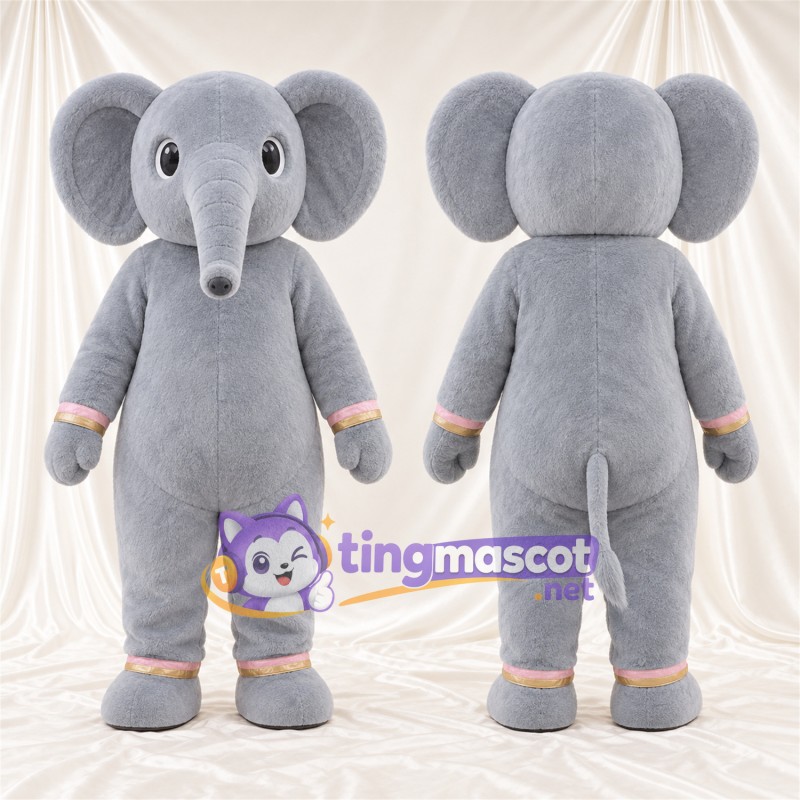 Gray Elephant Mascot Costume - Long Trunk and Pink and Gold Cuffs