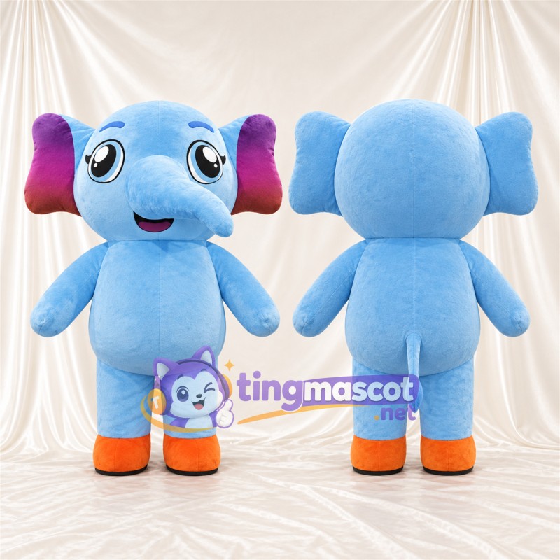 Maskottchenkostüm Elefant – blau – Ohreninnenseiten (violett); Füße (orange)