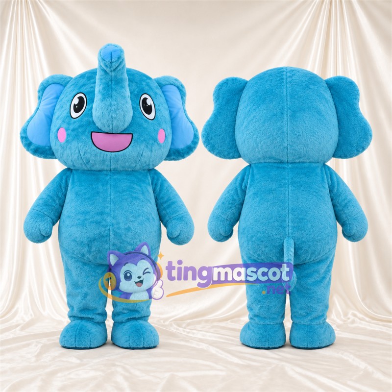 Blue Elephant Mascot Costume - Pink Cheeks and Raised Trunk
