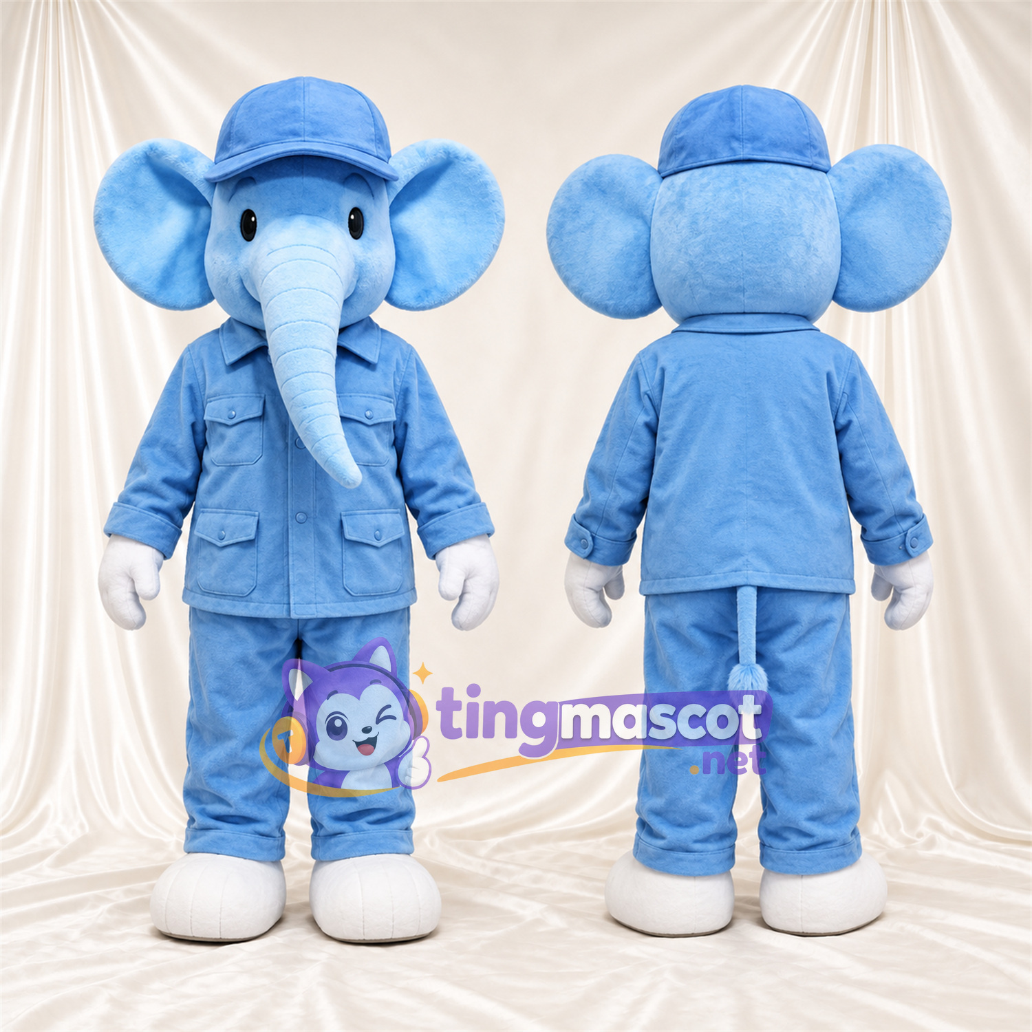Blue Elephant Mascot Costume - Blue Work Outfit and Cap Blue Elephant Mascot Costume - Blue Work Outfit and Cap