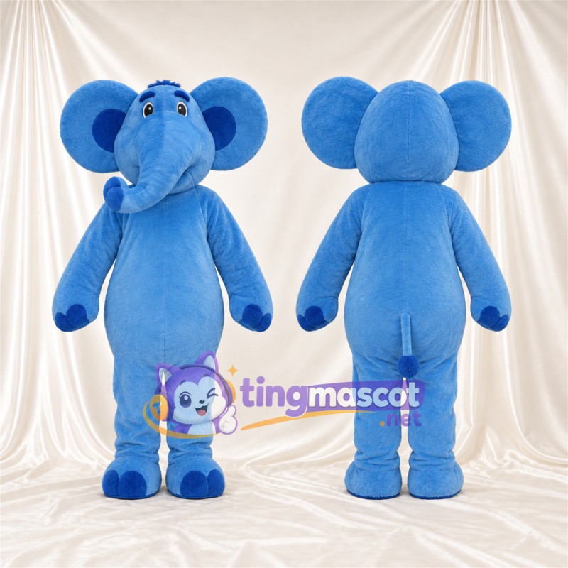 Blue Elephant Mascot Costume - Blue Feet and Curled Trunk