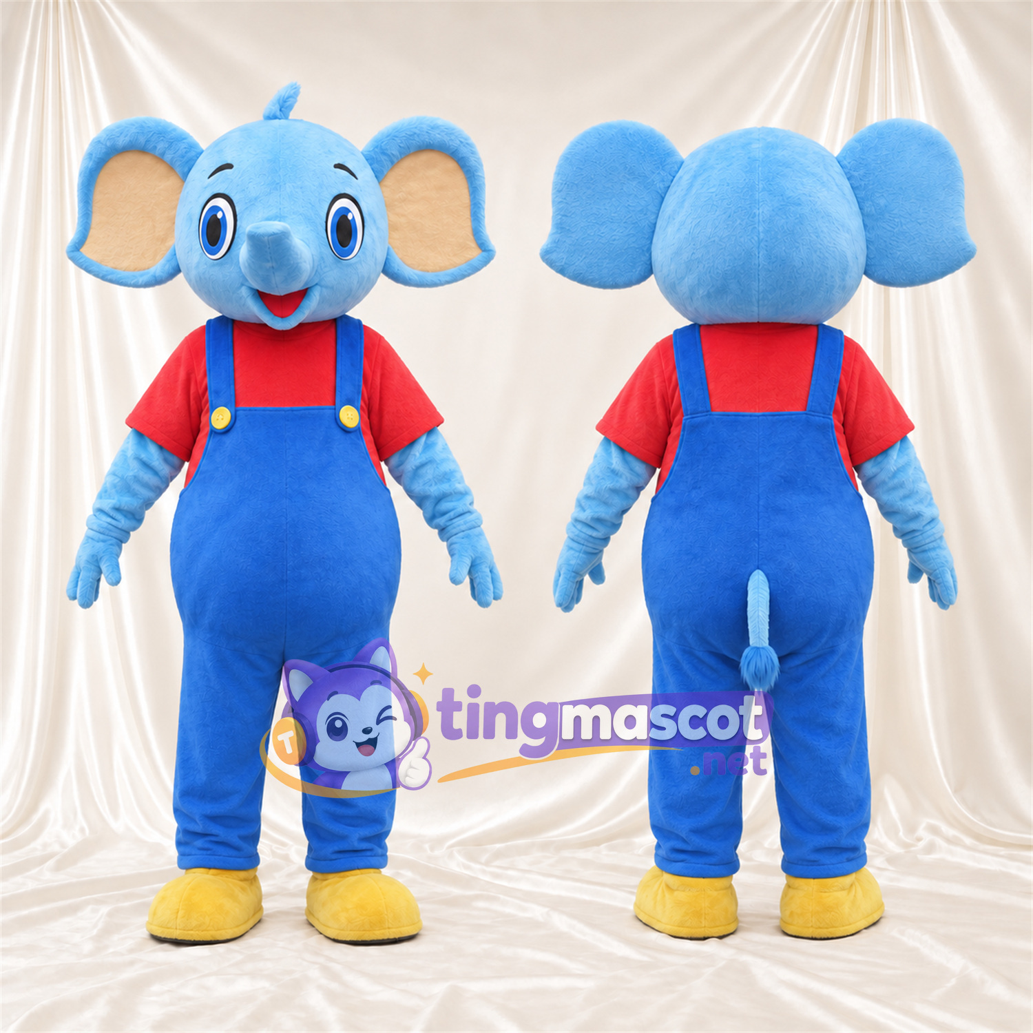 Costume de mascotte Éléphant – bleu – Chemise (rouge); Salopette (bleu) Costume de mascotte Éléphant – bleu – Chemise (rouge); Salopette (bleu)