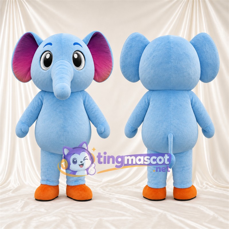 Maskottchenkostüm Elefant – blau – Ohreninnenseiten (violett); Füße (orange)