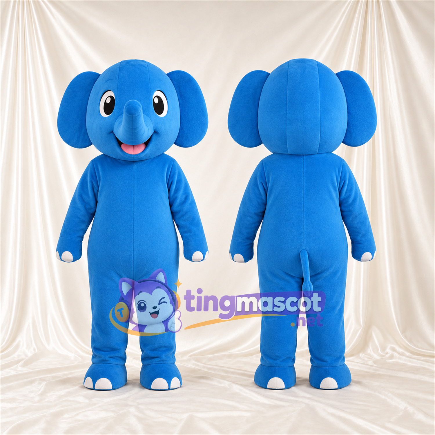 Costume de mascotte Éléphant – bleu – Griffes (blanc); Petite trompe Costume de mascotte Éléphant – bleu – Griffes (blanc); Petite trompe