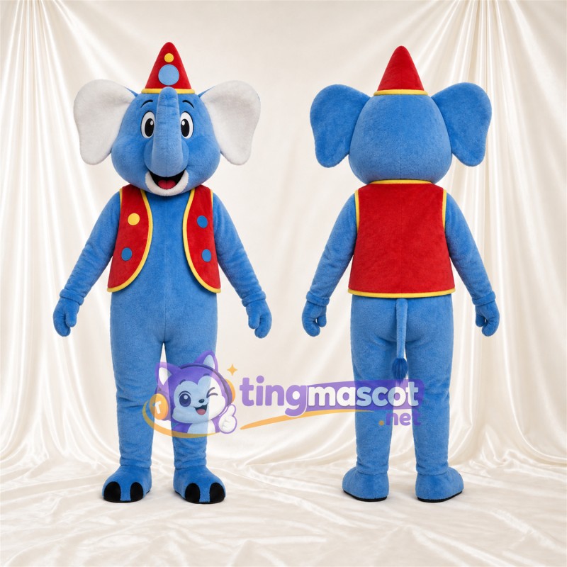 Costume de mascotte Éléphant – bleu – Chapeau (rouge); Gilet