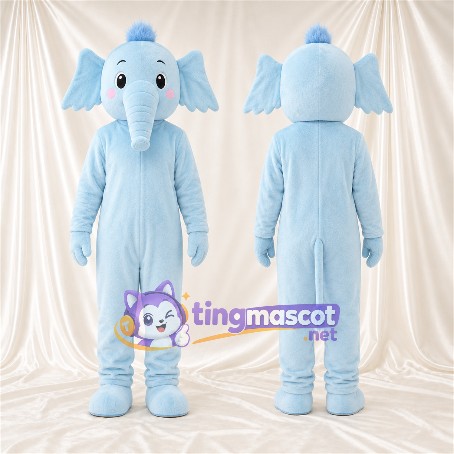 Blue Elephant Mascot Costume - Floppy Ears and Head Tuft Blue Elephant Mascot Costume - Floppy Ears and Head Tuft