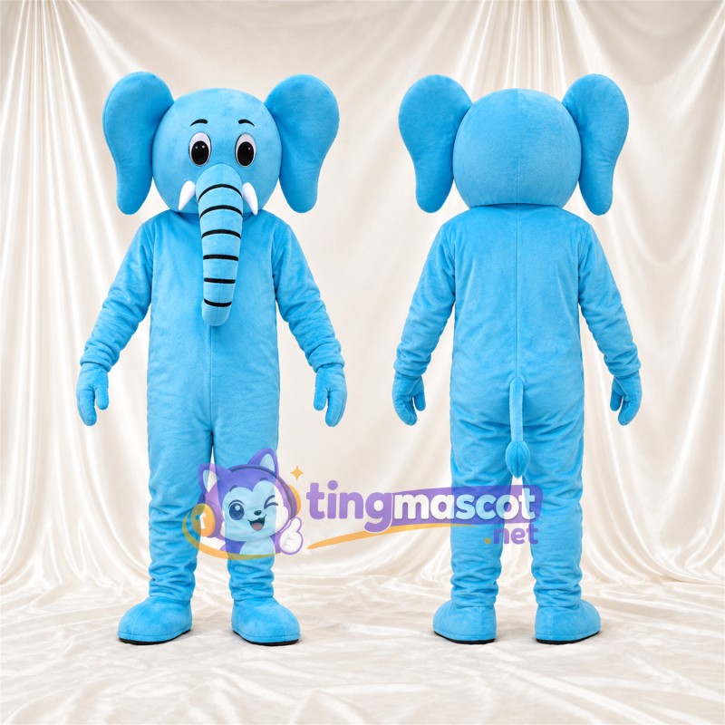 Maskottchenkostüm Elefant – blau – Lächelndes Gesicht; Langer Rüssel