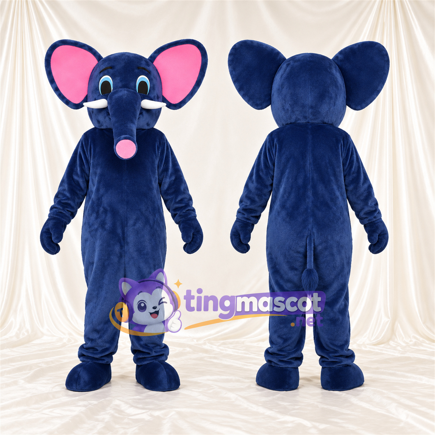 Blue Elephant Mascot Costume - Pink Trunk Tip and White Tusks Blue Elephant Mascot Costume - Pink Trunk Tip and White Tusks