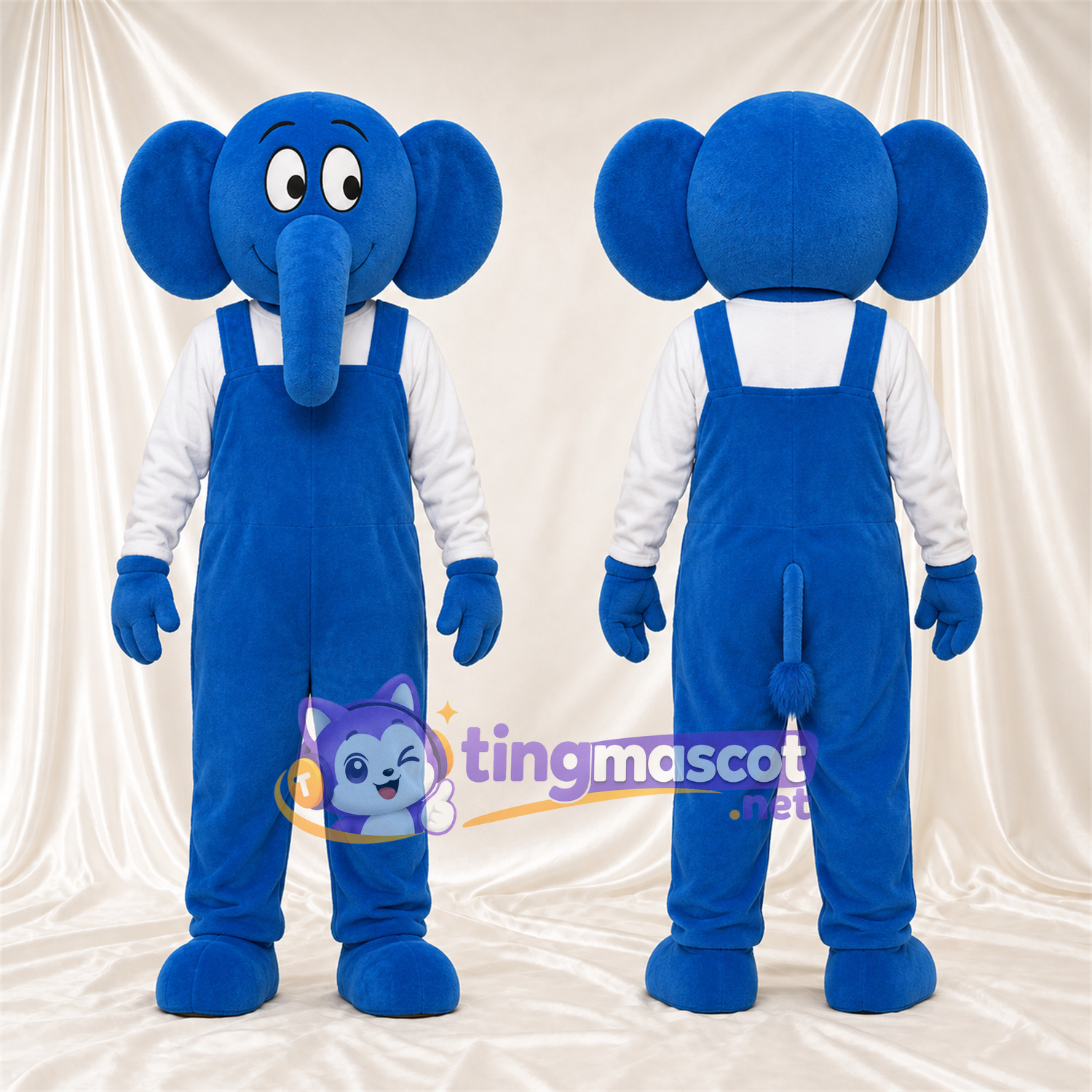 Costume de mascotte Éléphant – bleu – Chemise (blanc); Salopette (bleu) Costume de mascotte Éléphant – bleu – Chemise (blanc); Salopette (bleu)
