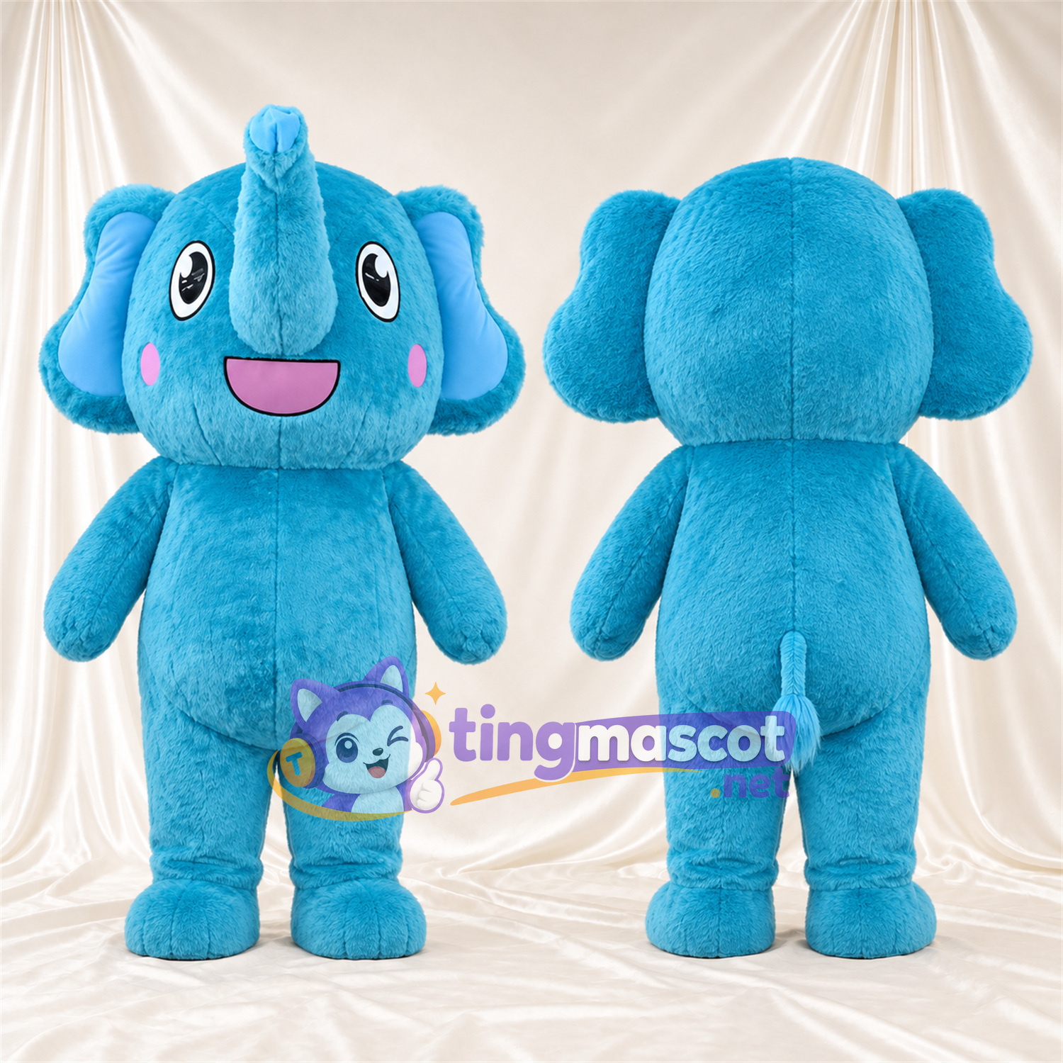 Blue Elephant Mascot Costume - Pink Cheeks and Raised Trunk Blue Elephant Mascot Costume - Pink Cheeks and Raised Trunk
