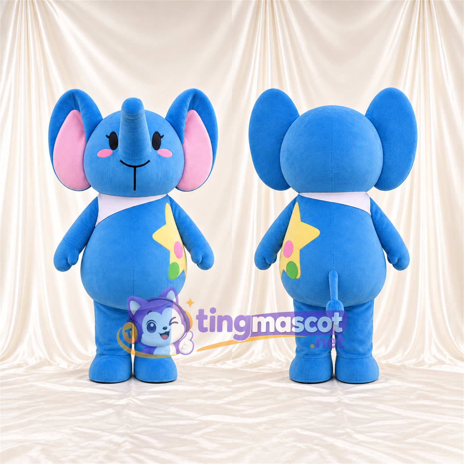 Maskottchenkostüm Elefant – blau – Stern (gelb) Maskottchenkostüm Elefant – blau – Stern (gelb)