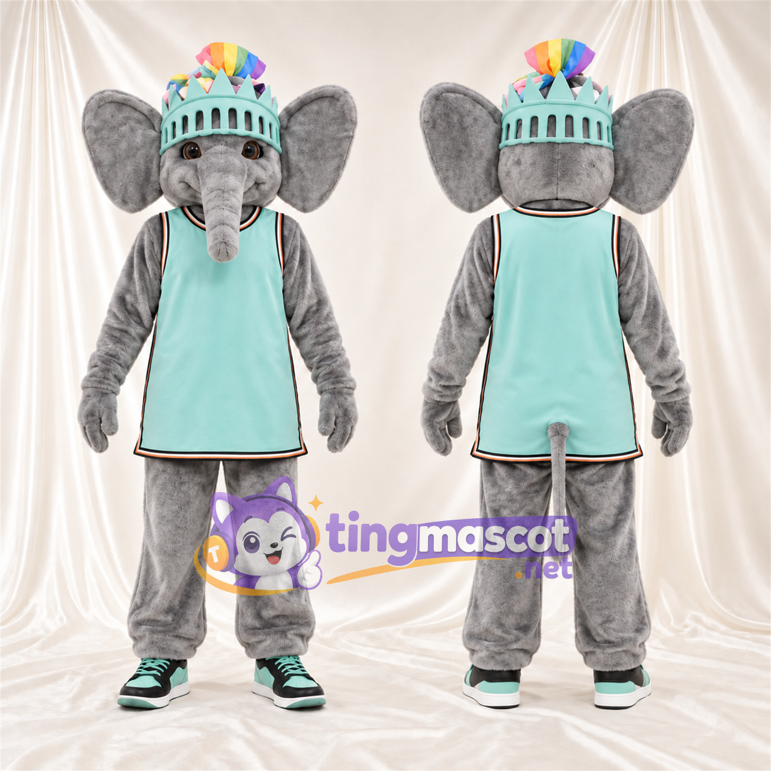 Costume de mascotte Éléphant – gris – Couronne (turquoise); Tunique Costume de mascotte Éléphant – gris – Couronne (turquoise); Tunique