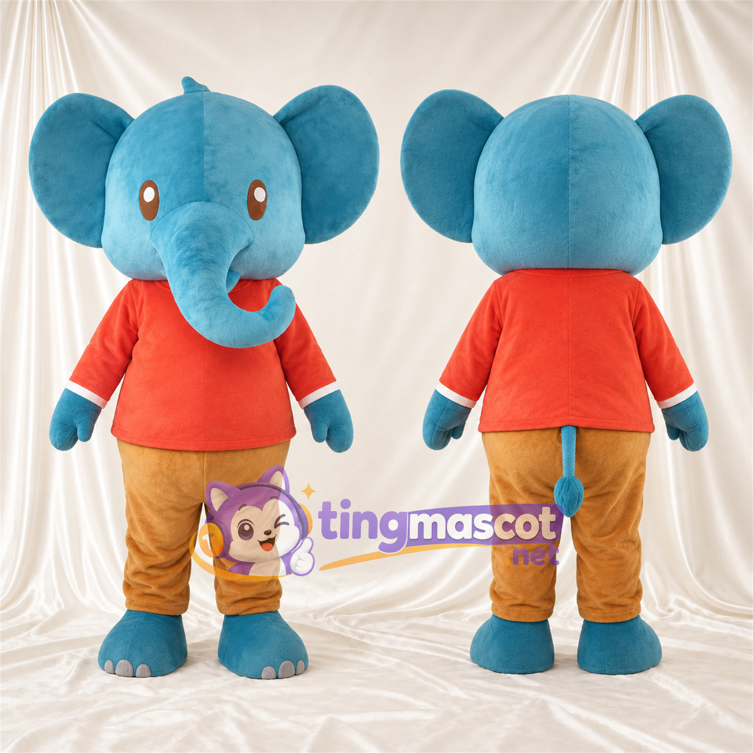 Costume de mascotte Éléphant – bleu – Chemise (rouge); Pantalon (brun clair) Costume de mascotte Éléphant – bleu – Chemise (rouge); Pantalon (brun clair)
