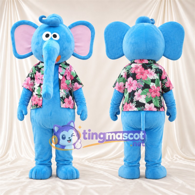 Blue Elephant Mascot Costume - Floral Shirt