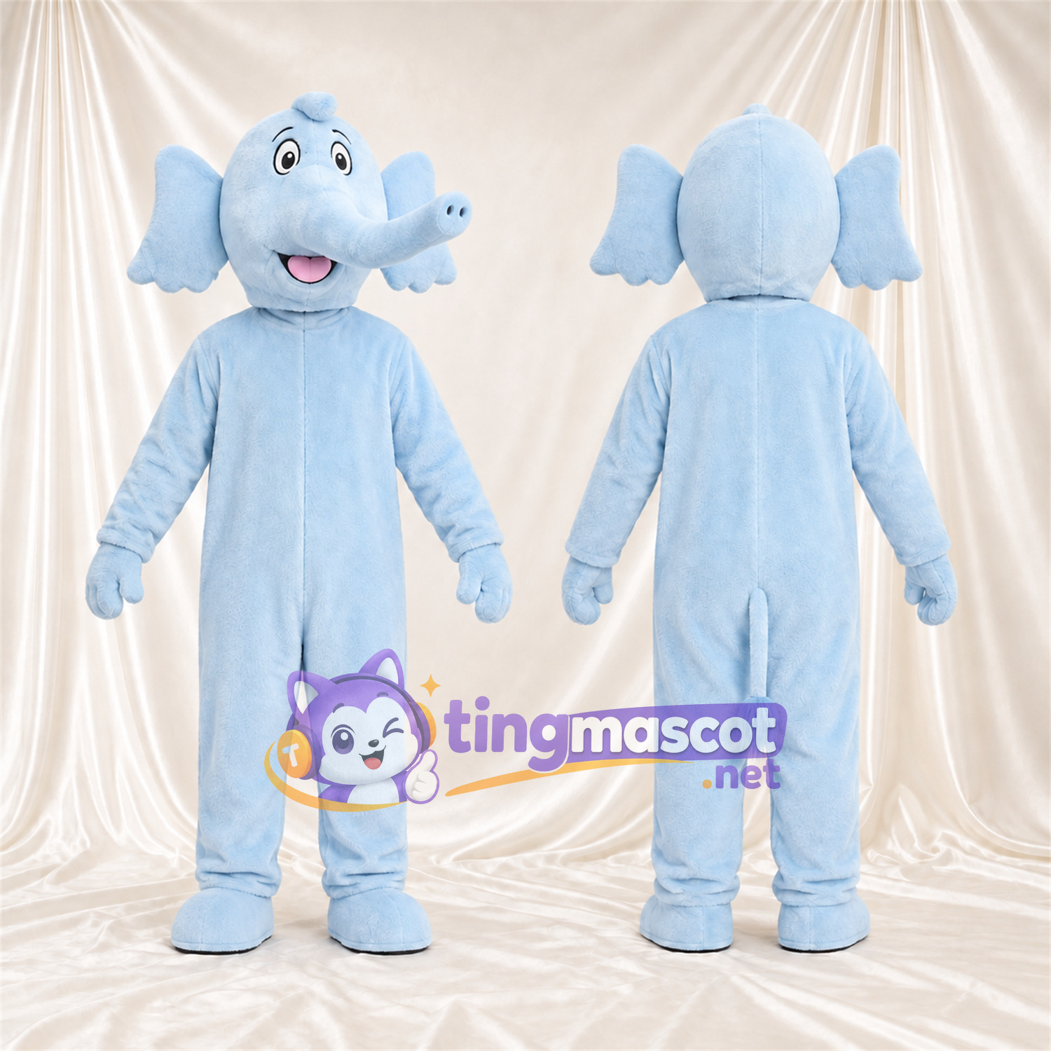 Maskottchenkostüm Elefant – blau – Lächelndes Gesicht; Rüssel Maskottchenkostüm Elefant – blau – Lächelndes Gesicht; Rüssel